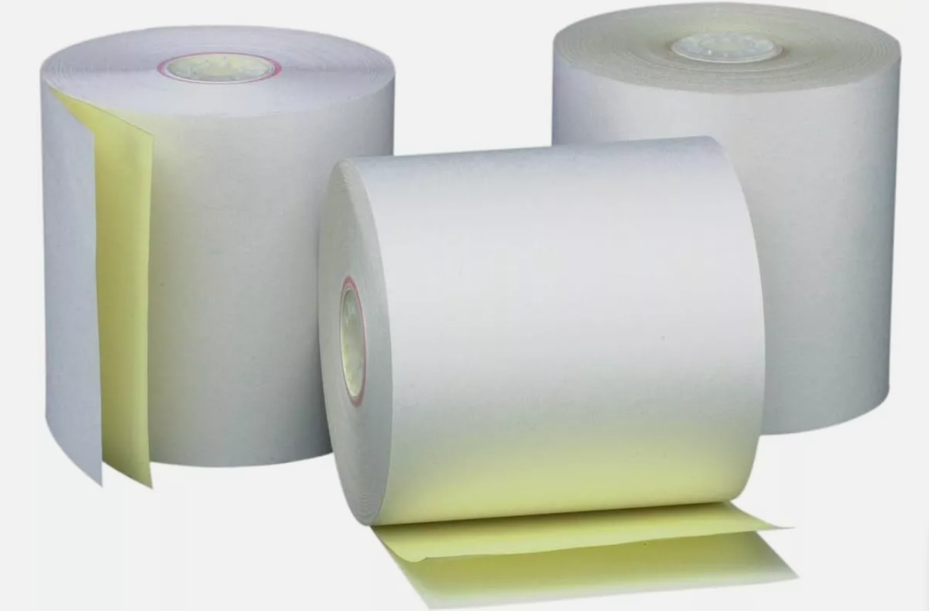 3" x 90' 2-Ply Carbonless Paper Rolls - White/Canary (50 Rolls)