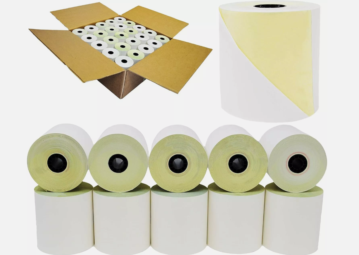 3" x 90' 2-Ply Carbonless Paper Rolls - White/Canary (50 Rolls)