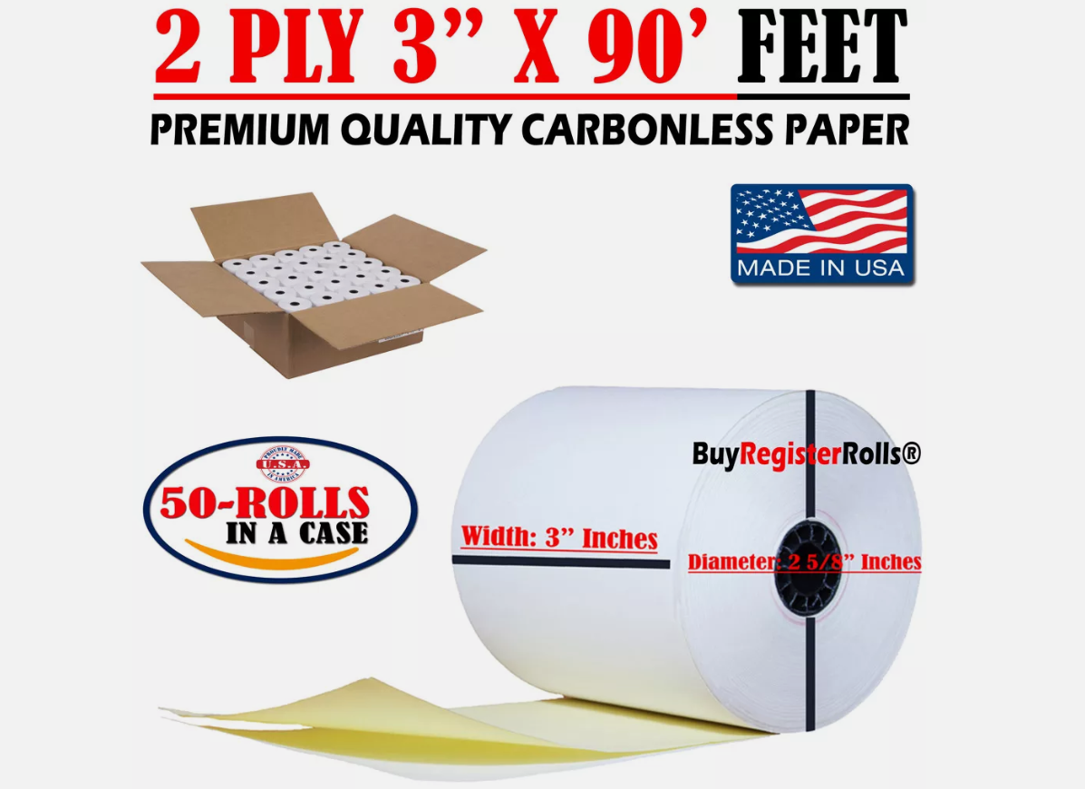 3" x 90' 2-Ply Carbonless Paper Rolls - White/Canary (50 Rolls)