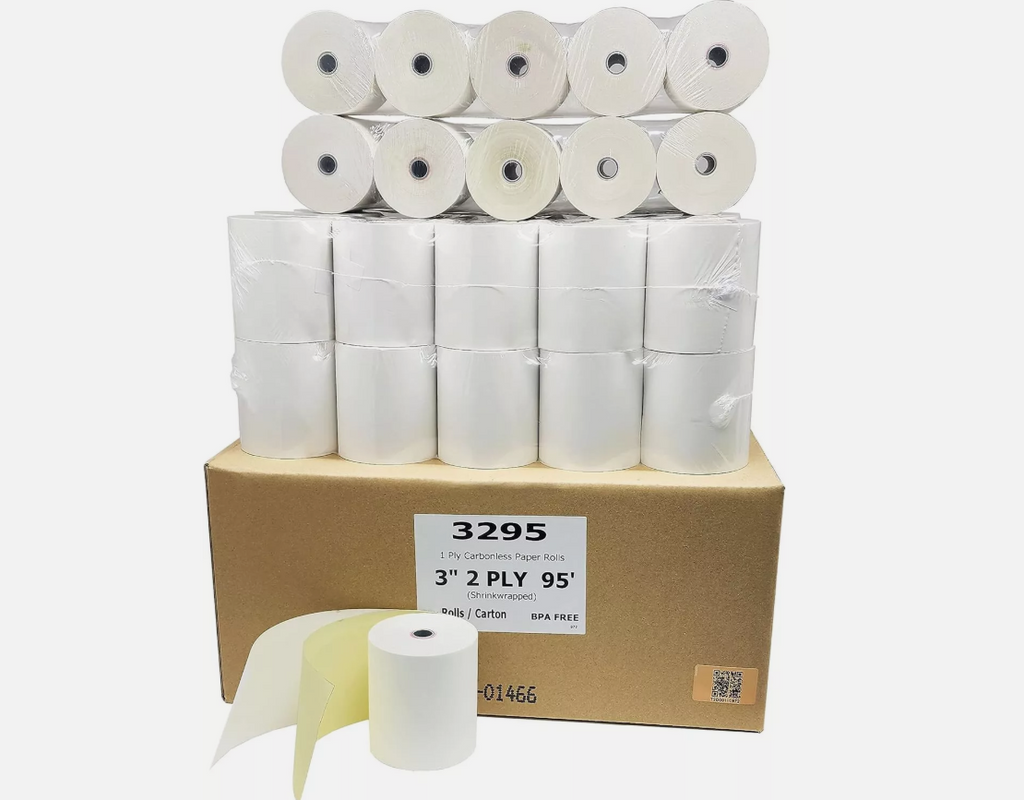 POS Supply's 3” x 90’ 2-ply carbonless white/canary (10 Rolls/Case)